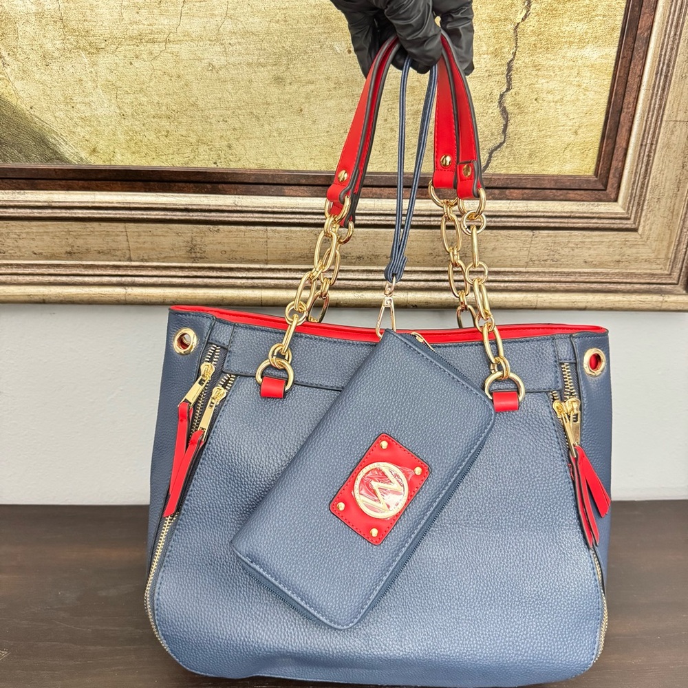 MKF Collection Blue Red Chain Shoulder Bag with Matching Wristlet